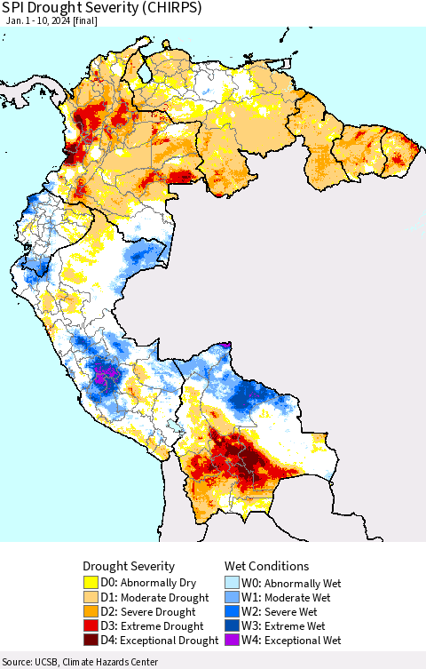Northern South America SPI Drought Severity (CHIRPS) Thematic Map For 1/1/2024 - 1/10/2024