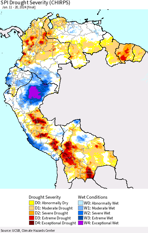 Northern South America SPI Drought Severity (CHIRPS) Thematic Map For 1/11/2024 - 1/20/2024