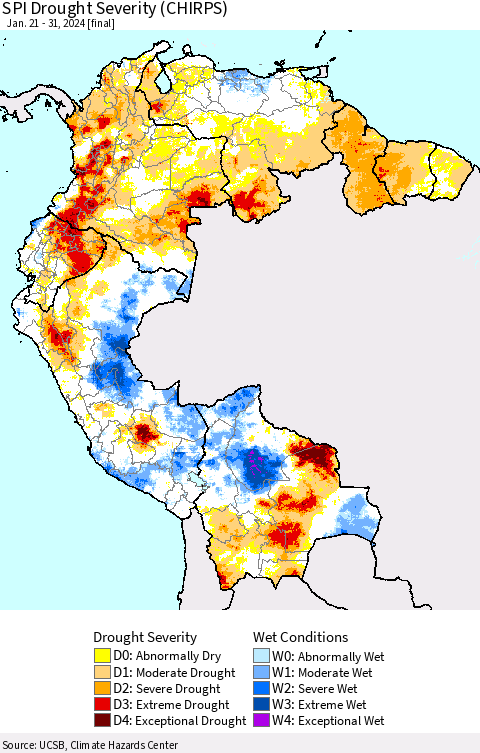 Northern South America SPI Drought Severity (CHIRPS) Thematic Map For 1/21/2024 - 1/31/2024