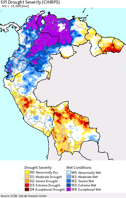 Northern South America SPI Drought Severity (CHIRPS) Thematic Map For 2/1/2024 - 2/10/2024