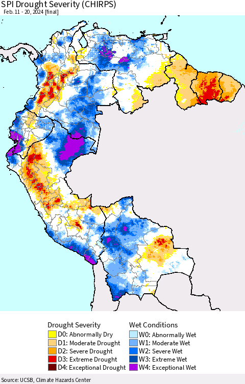 Northern South America SPI Drought Severity (CHIRPS) Thematic Map For 2/11/2024 - 2/20/2024
