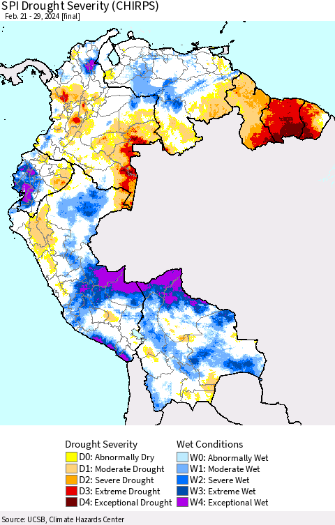 Northern South America SPI Drought Severity (CHIRPS) Thematic Map For 2/21/2024 - 2/29/2024