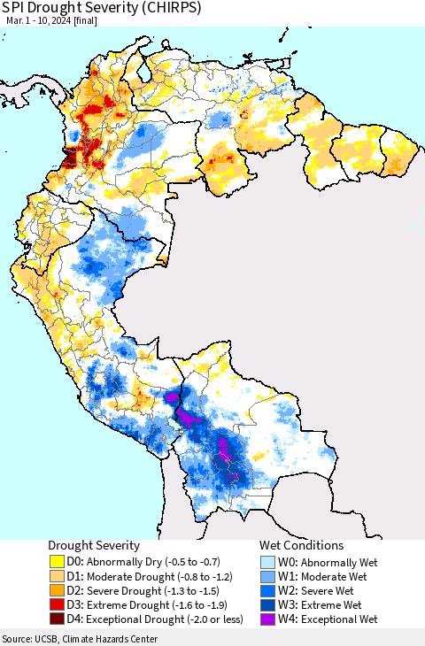 Northern South America SPI Drought Severity (CHIRPS) Thematic Map For 3/1/2024 - 3/10/2024