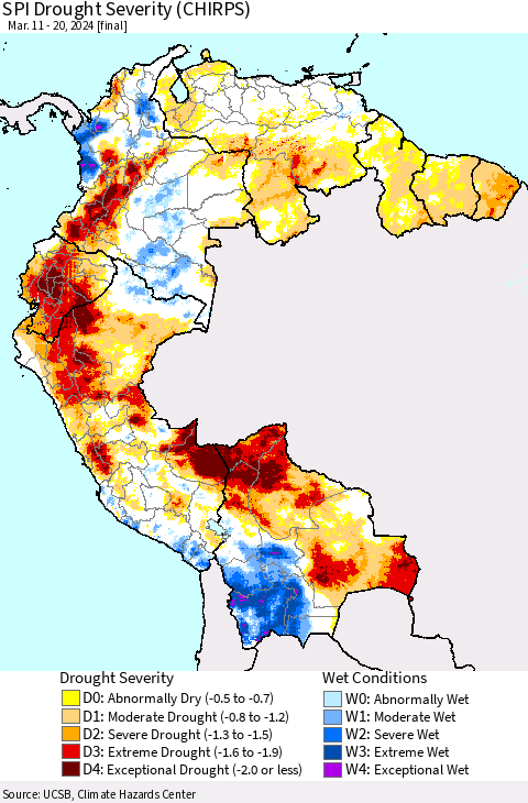 Northern South America SPI Drought Severity (CHIRPS) Thematic Map For 3/11/2024 - 3/20/2024