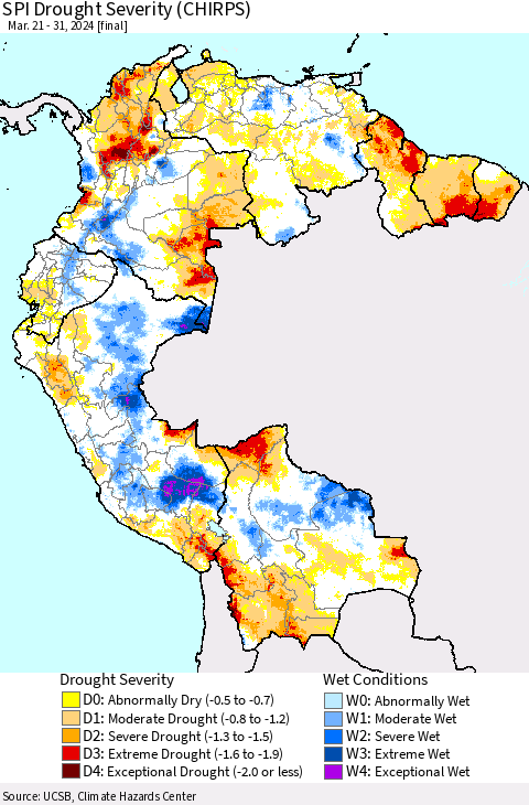 Northern South America SPI Drought Severity (CHIRPS) Thematic Map For 3/21/2024 - 3/31/2024