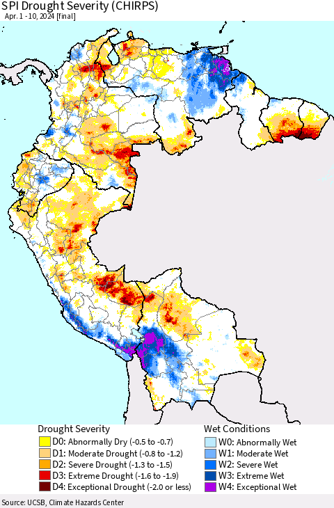 Northern South America SPI Drought Severity (CHIRPS) Thematic Map For 4/1/2024 - 4/10/2024