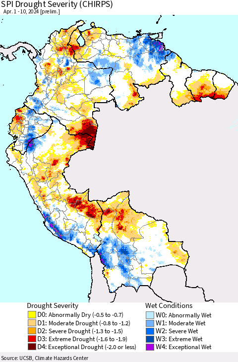 Northern South America SPI Drought Severity (CHIRPS) Thematic Map For 4/1/2024 - 4/10/2024