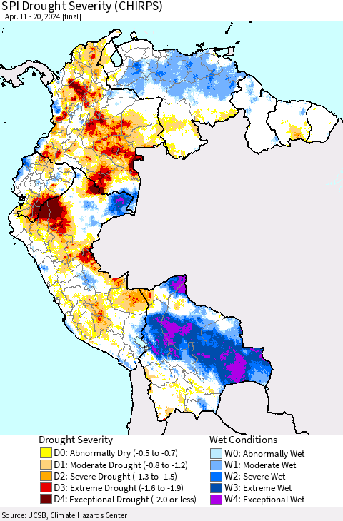 Northern South America SPI Drought Severity (CHIRPS) Thematic Map For 4/11/2024 - 4/20/2024