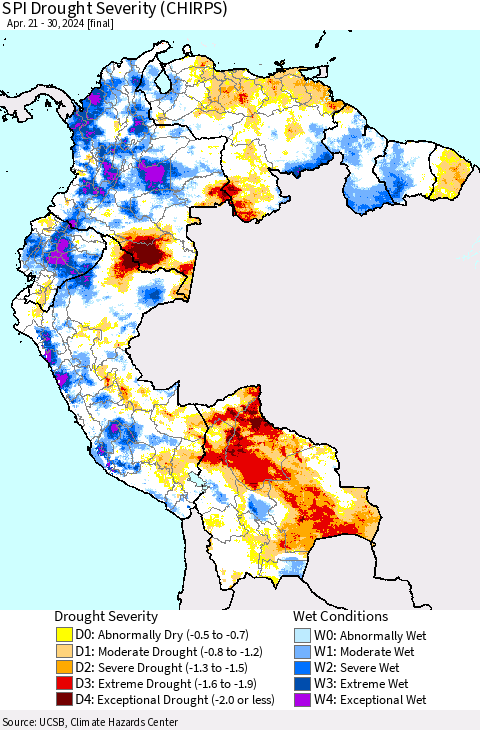 Northern South America SPI Drought Severity (CHIRPS) Thematic Map For 4/21/2024 - 4/30/2024