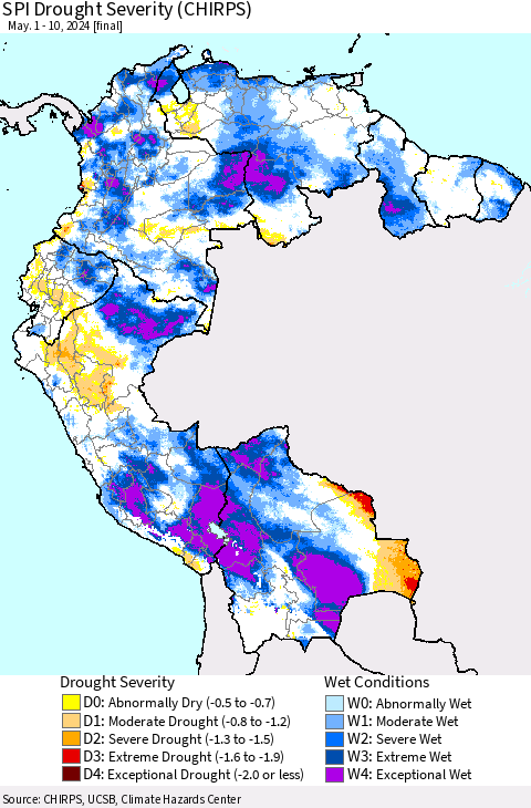 Northern South America SPI Drought Severity (CHIRPS) Thematic Map For 5/1/2024 - 5/10/2024