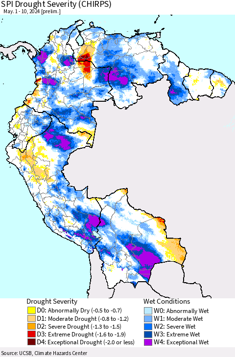 Northern South America SPI Drought Severity (CHIRPS) Thematic Map For 5/1/2024 - 5/10/2024