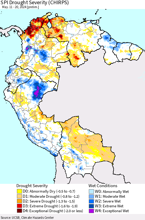 Northern South America SPI Drought Severity (CHIRPS) Thematic Map For 5/11/2024 - 5/20/2024