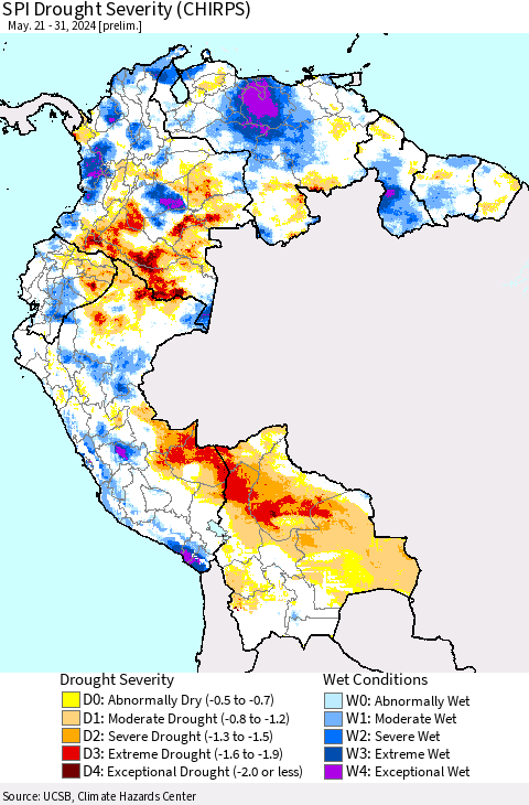 Northern South America SPI Drought Severity (CHIRPS) Thematic Map For 5/21/2024 - 5/31/2024