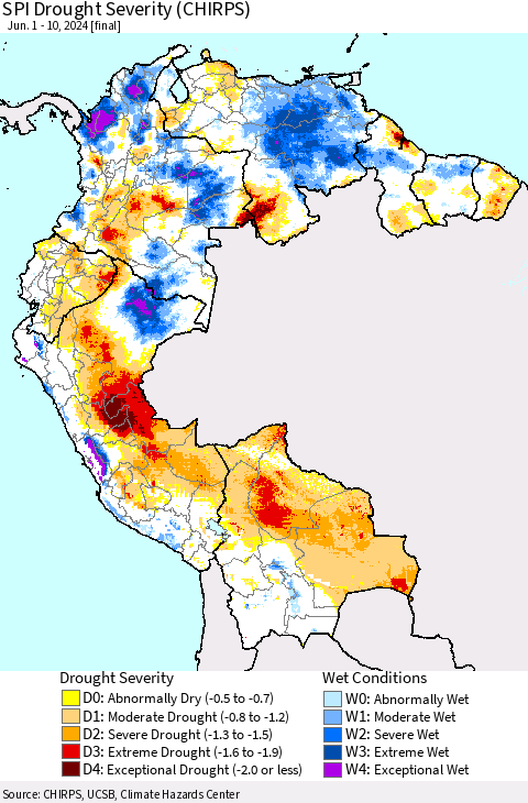 Northern South America SPI Drought Severity (CHIRPS) Thematic Map For 6/1/2024 - 6/10/2024