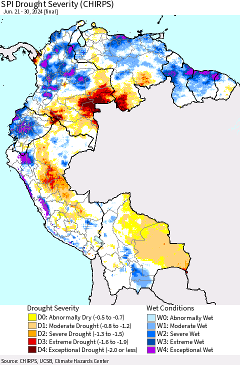 Northern South America SPI Drought Severity (CHIRPS) Thematic Map For 6/21/2024 - 6/30/2024