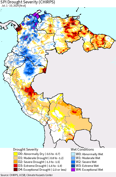 Northern South America SPI Drought Severity (CHIRPS) Thematic Map For 7/1/2024 - 7/10/2024