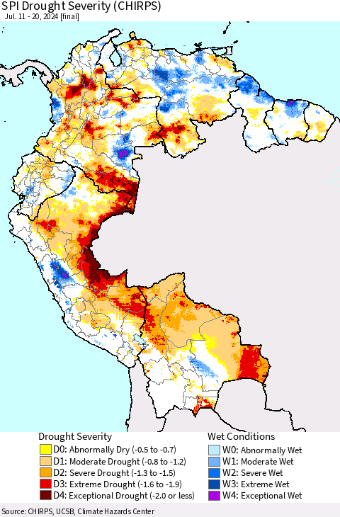 Northern South America SPI Drought Severity (CHIRPS) Thematic Map For 7/11/2024 - 7/20/2024