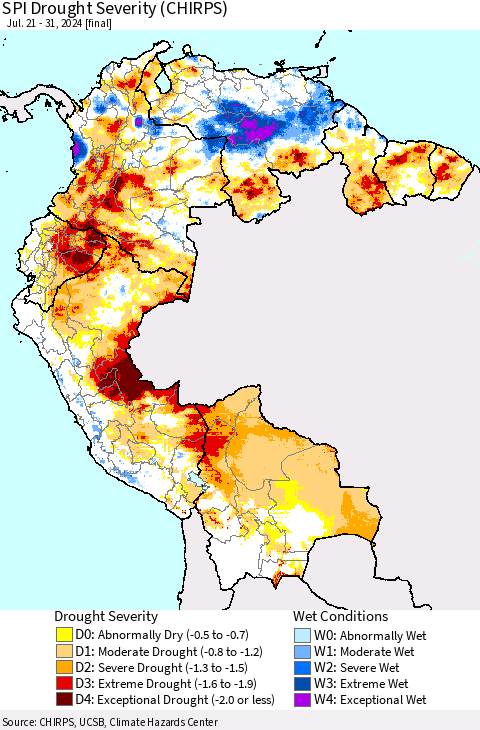 Northern South America SPI Drought Severity (CHIRPS) Thematic Map For 7/21/2024 - 7/31/2024