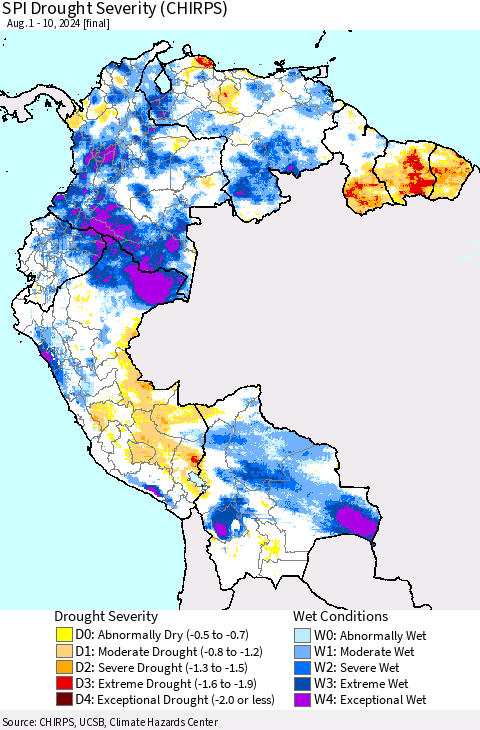 Northern South America SPI Drought Severity (CHIRPS) Thematic Map For 8/1/2024 - 8/10/2024