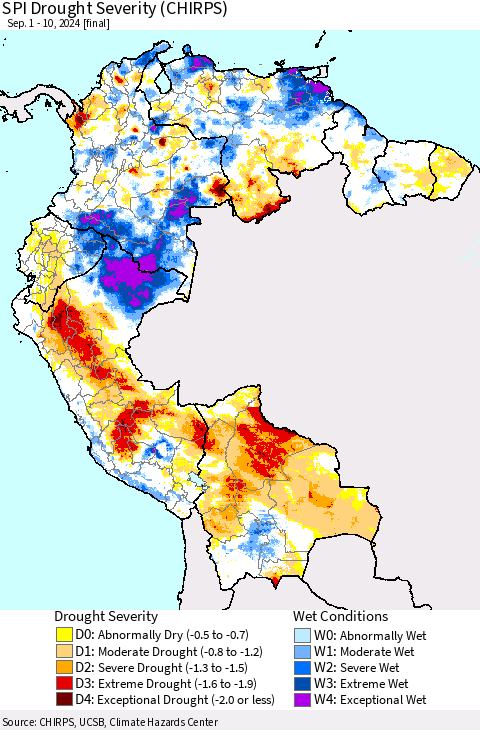 Northern South America SPI Drought Severity (CHIRPS) Thematic Map For 9/1/2024 - 9/10/2024