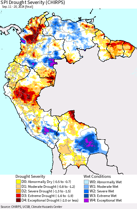 Northern South America SPI Drought Severity (CHIRPS) Thematic Map For 9/11/2024 - 9/20/2024