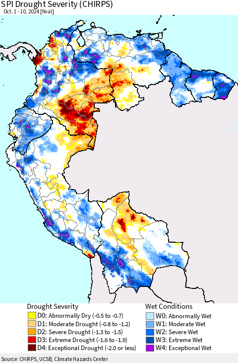 Northern South America SPI Drought Severity (CHIRPS) Thematic Map For 10/1/2024 - 10/10/2024