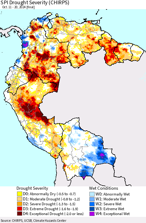 Northern South America SPI Drought Severity (CHIRPS) Thematic Map For 10/11/2024 - 10/20/2024