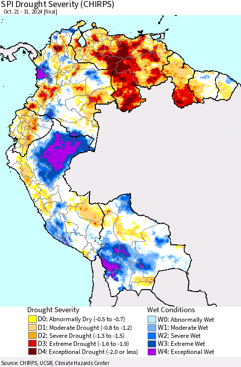 Northern South America SPI Drought Severity (CHIRPS) Thematic Map For 10/21/2024 - 10/31/2024