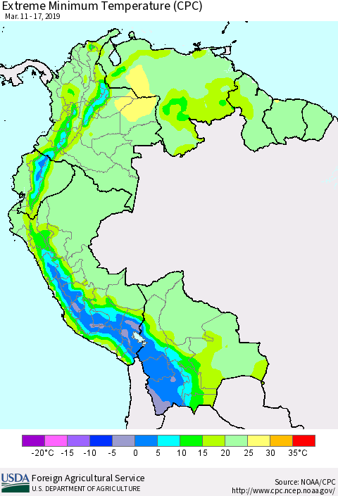 Northern South America Minimum Daily Temperature (CPC) Thematic Map For 3/11/2019 - 3/17/2019
