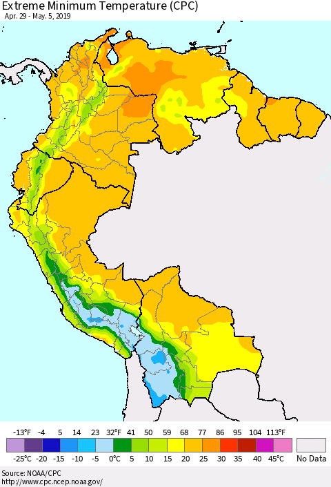 Northern South America Minimum Daily Temperature (CPC) Thematic Map For 4/29/2019 - 5/5/2019