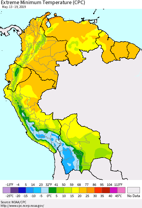 Northern South America Minimum Daily Temperature (CPC) Thematic Map For 5/13/2019 - 5/19/2019
