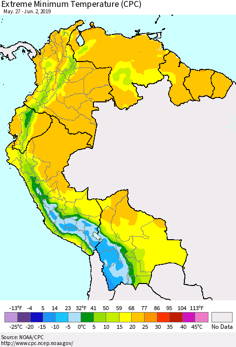 Northern South America Minimum Daily Temperature (CPC) Thematic Map For 5/27/2019 - 6/2/2019
