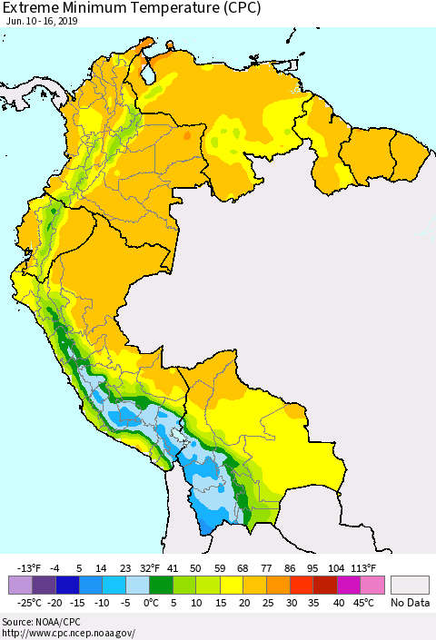 Northern South America Minimum Daily Temperature (CPC) Thematic Map For 6/10/2019 - 6/16/2019