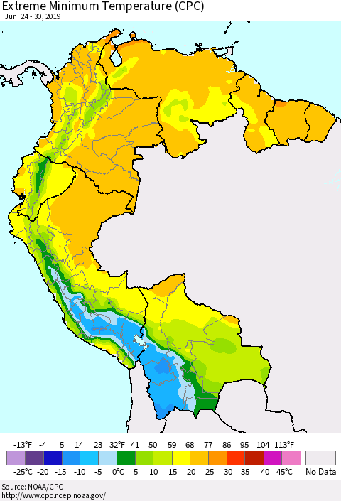 Northern South America Minimum Daily Temperature (CPC) Thematic Map For 6/24/2019 - 6/30/2019