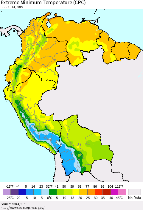 Northern South America Minimum Daily Temperature (CPC) Thematic Map For 7/8/2019 - 7/14/2019