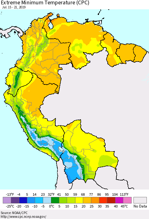 Northern South America Minimum Daily Temperature (CPC) Thematic Map For 7/15/2019 - 7/21/2019