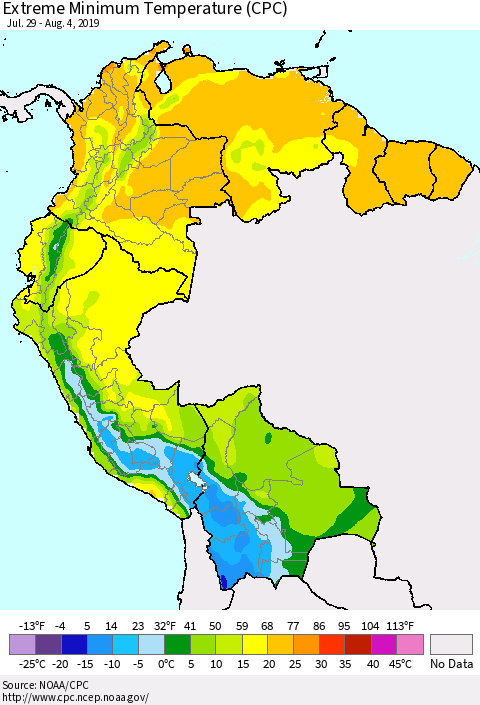 Northern South America Minimum Daily Temperature (CPC) Thematic Map For 7/29/2019 - 8/4/2019
