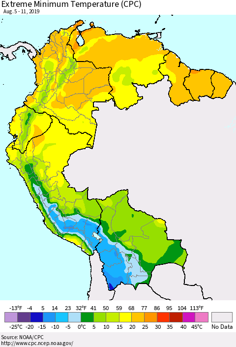 Northern South America Minimum Daily Temperature (CPC) Thematic Map For 8/5/2019 - 8/11/2019