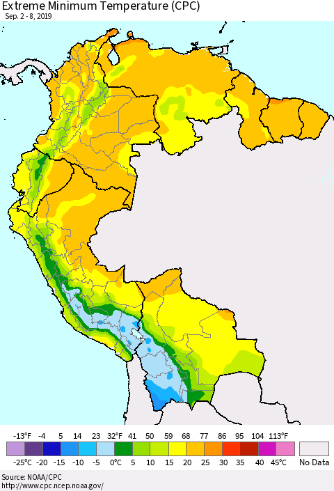 Northern South America Minimum Daily Temperature (CPC) Thematic Map For 9/2/2019 - 9/8/2019