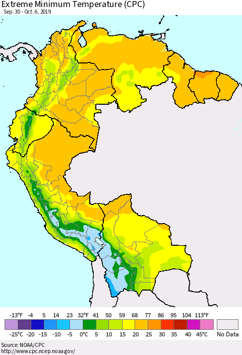 Northern South America Minimum Daily Temperature (CPC) Thematic Map For 9/30/2019 - 10/6/2019