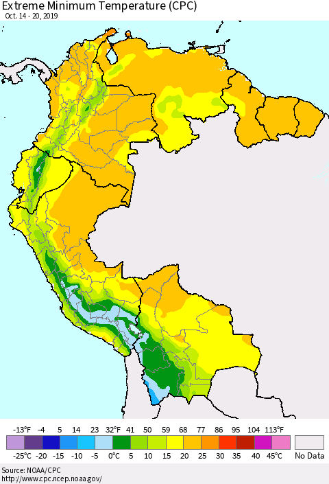 Northern South America Minimum Daily Temperature (CPC) Thematic Map For 10/14/2019 - 10/20/2019