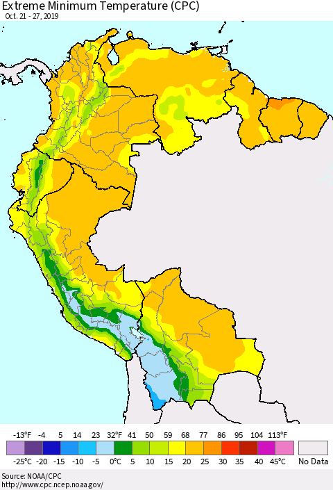 Northern South America Minimum Daily Temperature (CPC) Thematic Map For 10/21/2019 - 10/27/2019