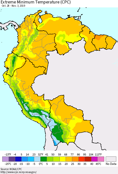 Northern South America Minimum Daily Temperature (CPC) Thematic Map For 10/28/2019 - 11/3/2019
