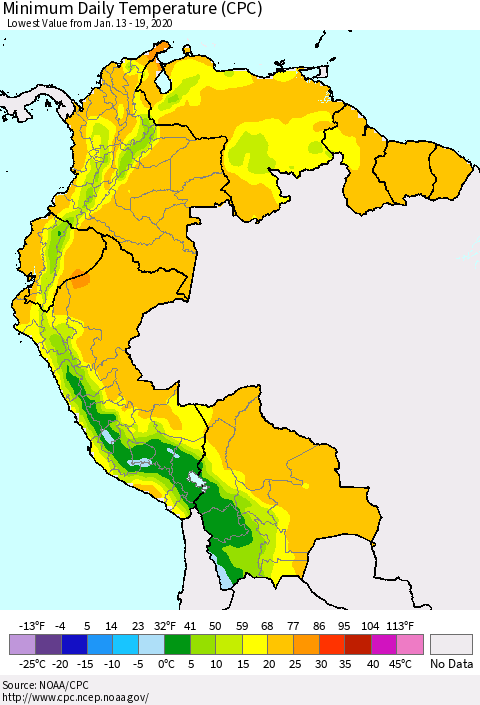 Northern South America Minimum Daily Temperature (CPC) Thematic Map For 1/13/2020 - 1/19/2020