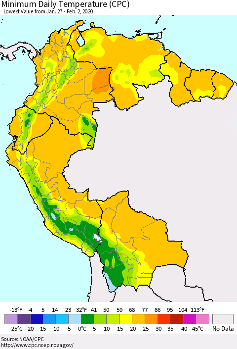 Northern South America Minimum Daily Temperature (CPC) Thematic Map For 1/27/2020 - 2/2/2020
