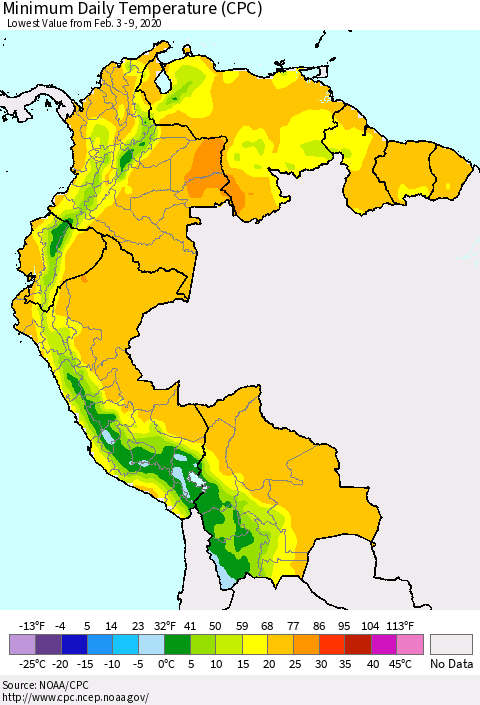 Northern South America Minimum Daily Temperature (CPC) Thematic Map For 2/3/2020 - 2/9/2020