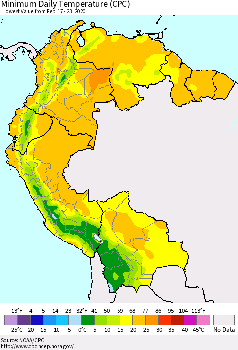 Northern South America Extreme Minimum Temperature (CPC) Thematic Map For 2/17/2020 - 2/23/2020