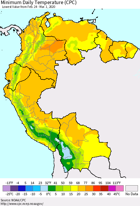 Northern South America Extreme Minimum Temperature (CPC) Thematic Map For 2/24/2020 - 3/1/2020