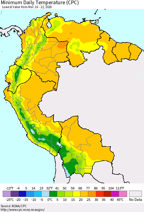 Northern South America Minimum Daily Temperature (CPC) Thematic Map For 3/16/2020 - 3/22/2020