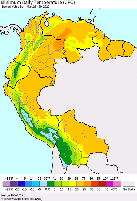 Northern South America Minimum Daily Temperature (CPC) Thematic Map For 3/23/2020 - 3/29/2020